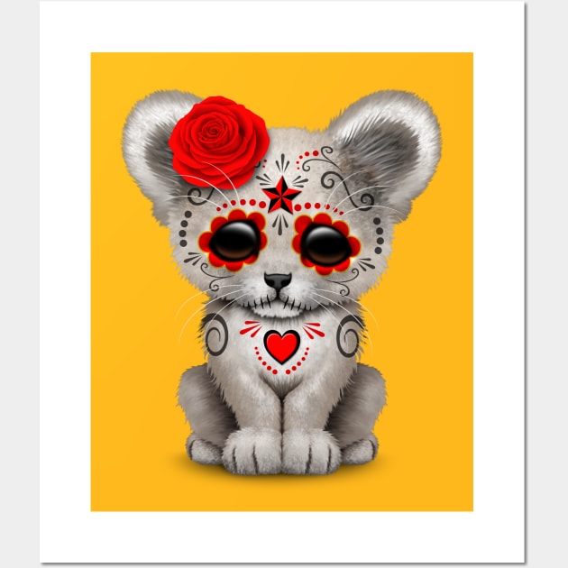 Red Day of the Dead Sugar Skull White Lion Cub Wall Art by jeffbartels